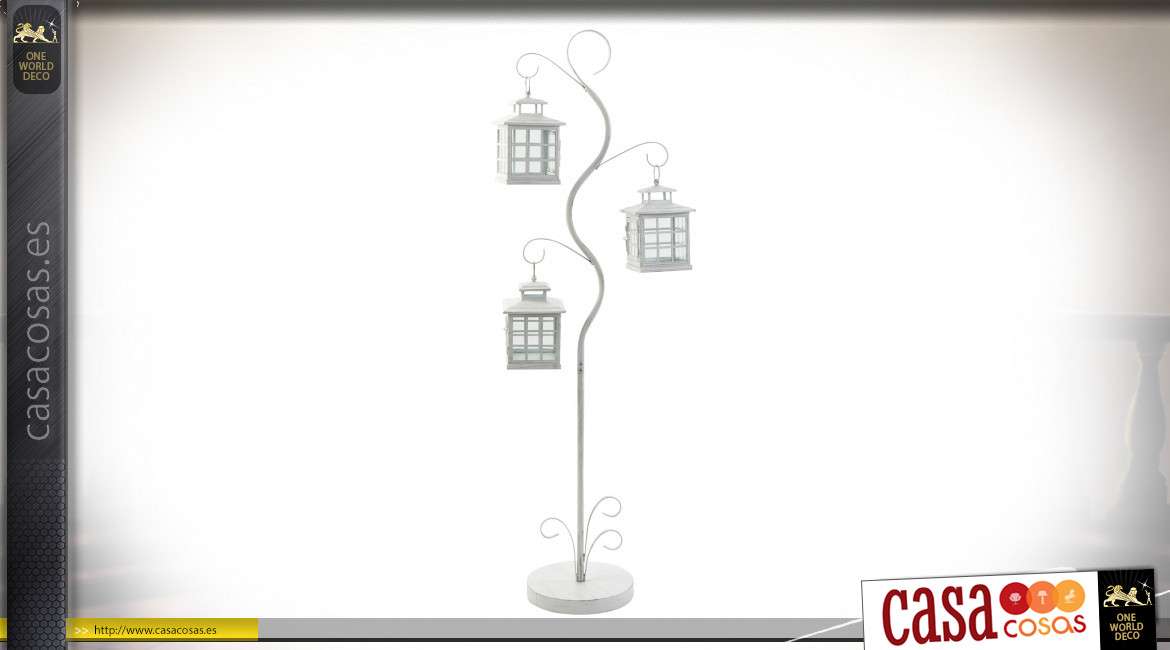 Lámpara de pie con 3 faroles colgantes de metal blanco 130 cm