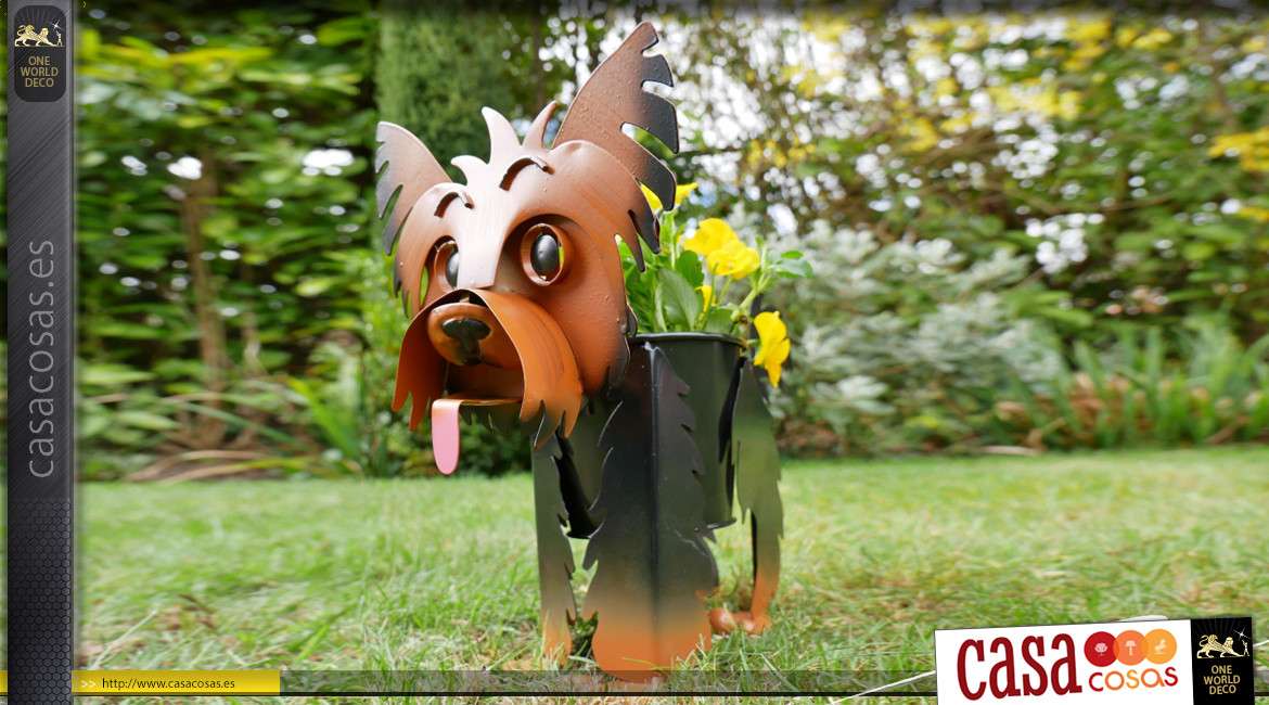 Macetero de metal decorativo yorkshire terrier, para jardín o terraza, original y colorido, 24cm