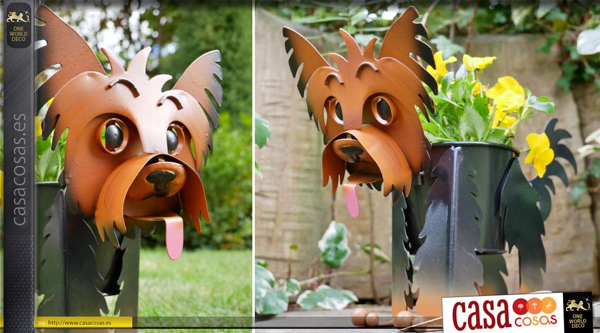 Macetero de metal decorativo yorkshire terrier, para jardín o terraza, original y colorido, 24cm