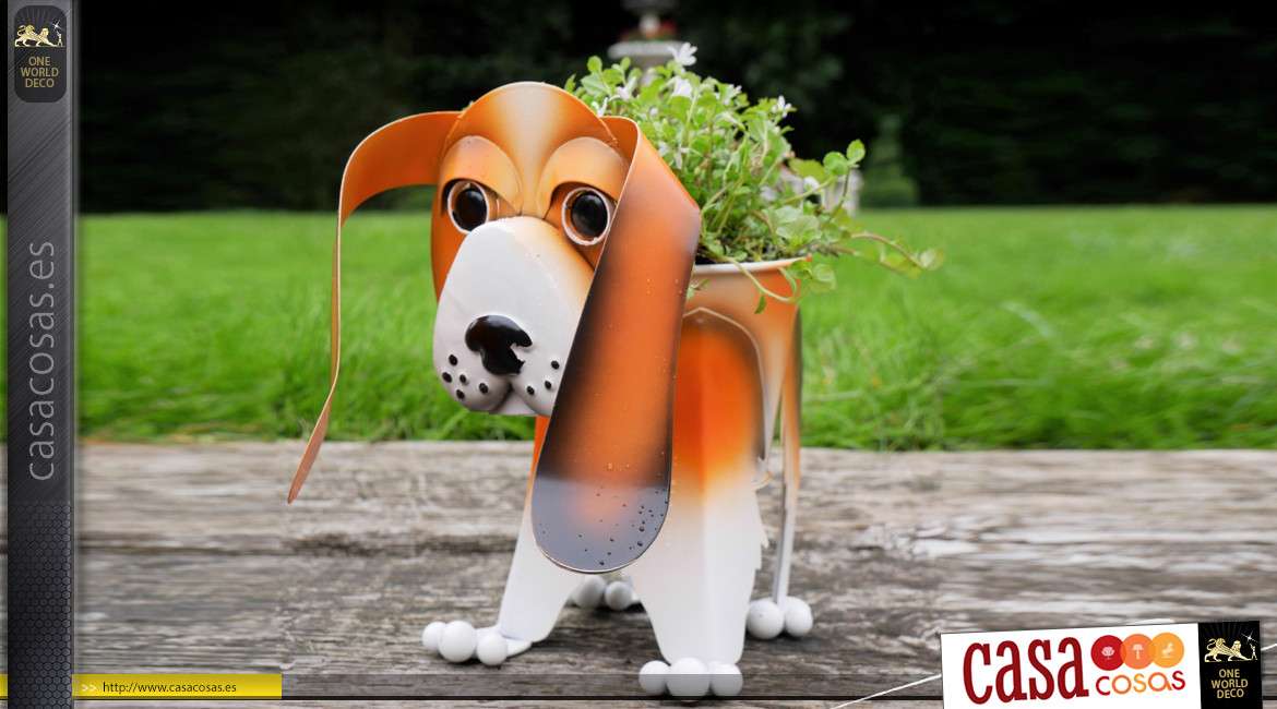 Macetero beagle de metal para planta, decoración de terrazas o jardines, original y colorido, 31cm