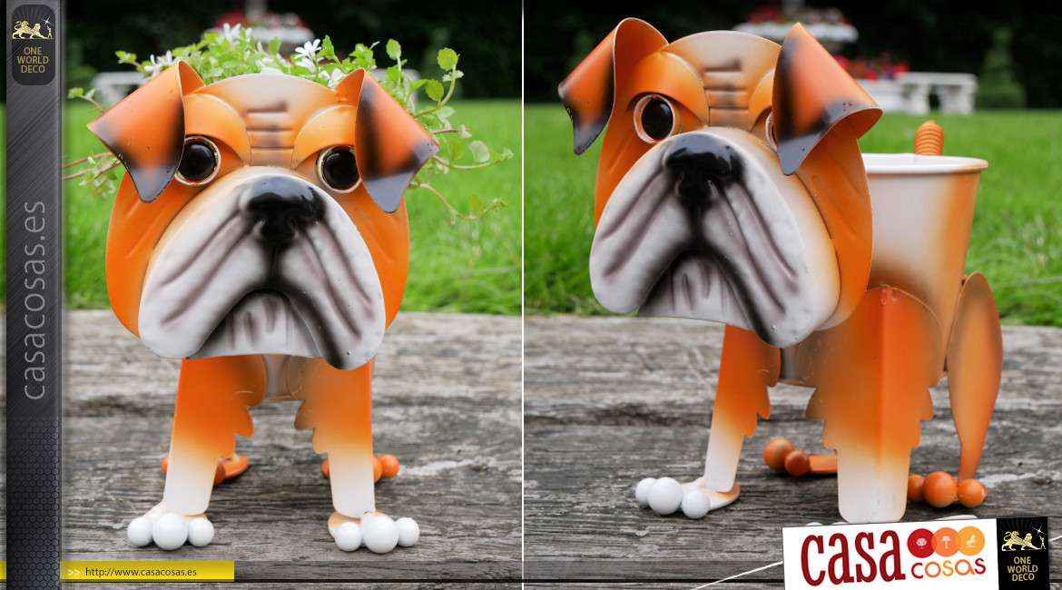 Bulldog en versión jardinera de metal, original y colorida decoración de parques y jardines, 21cm