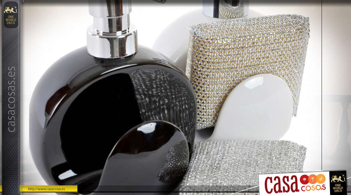 Serie de dos dispensadores de baño o cocina con esponja metálica integrada, blanco y negro, 15cm
