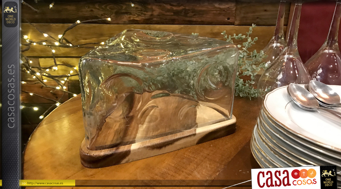 Campana de vidrio con soporte de madera exótica, con forma de trozo de queso, 23cm