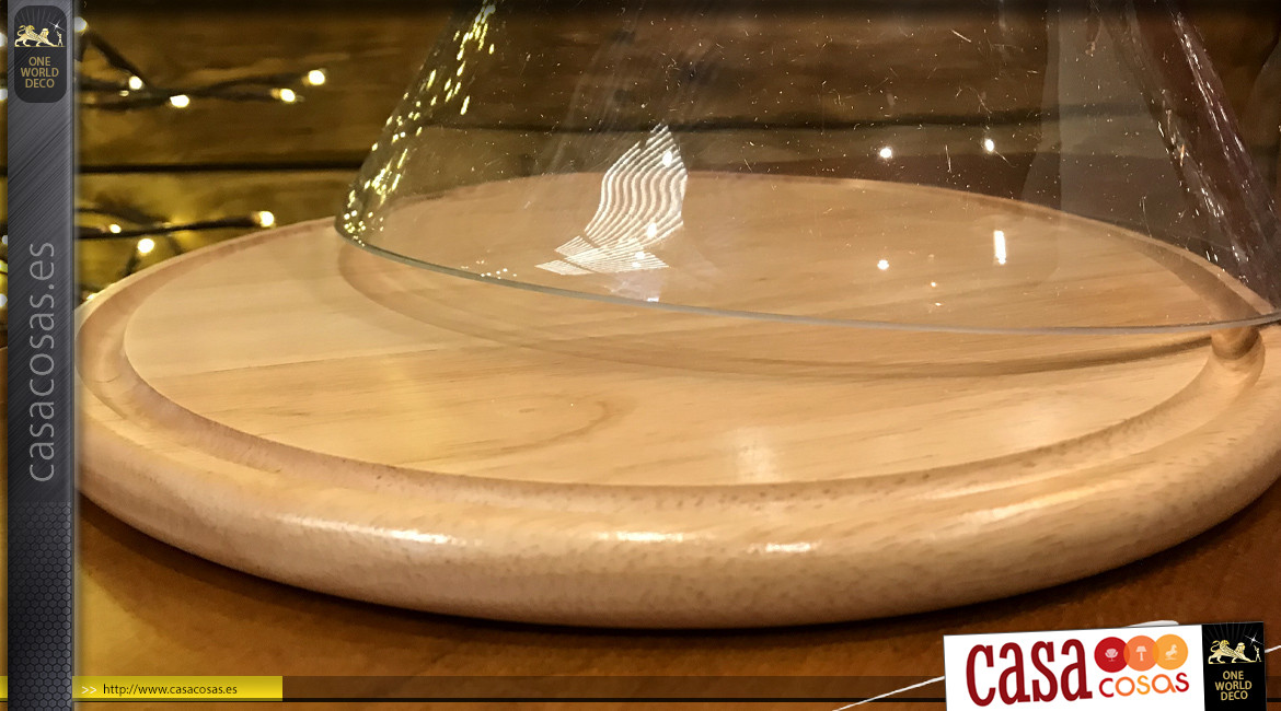 Campana de vidrio y madera con acabado transparente, en forma de cono, 28cm