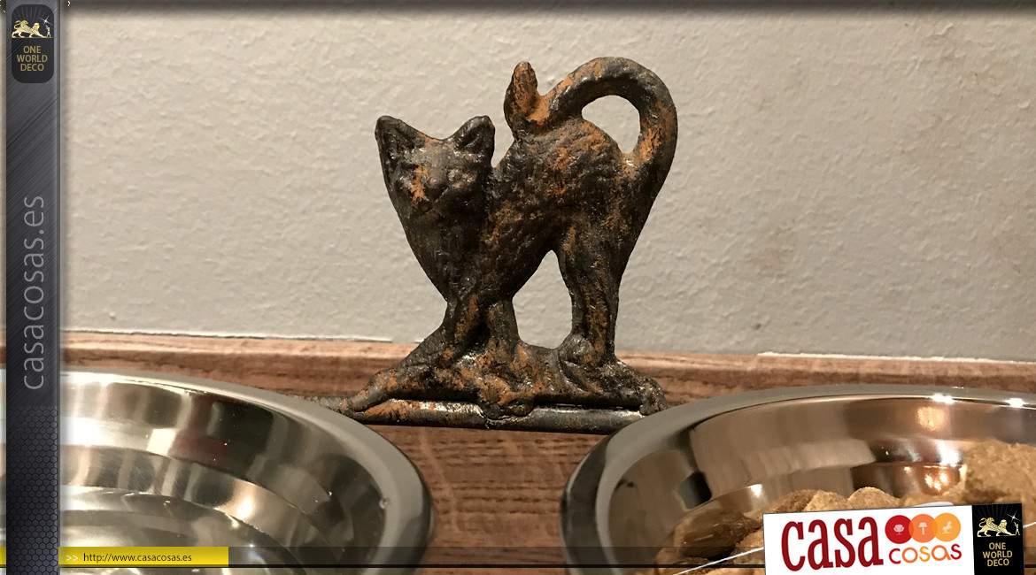 Cuenco para gato (grande) en efecto hierro fundido con acabado marrón viejo, 2 cuencos de acero inoxidable de 0,5L, 36cm