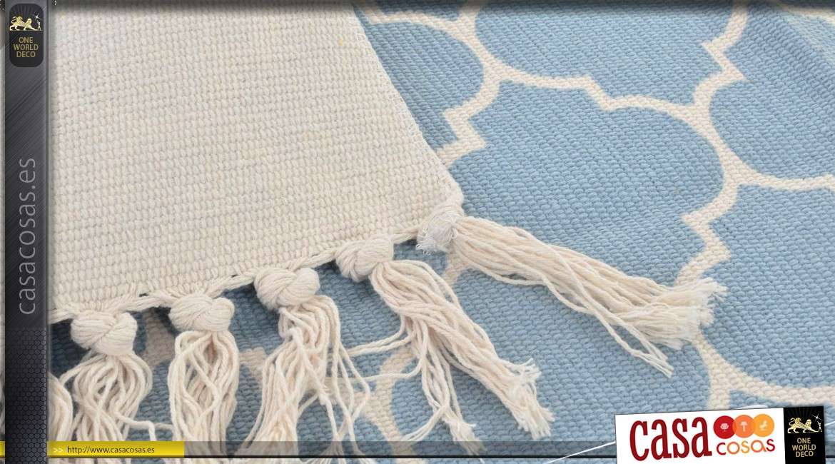 Serie de dos alfombras de algodón de estilo oriental de 90 x 60 cm, azul y crudo