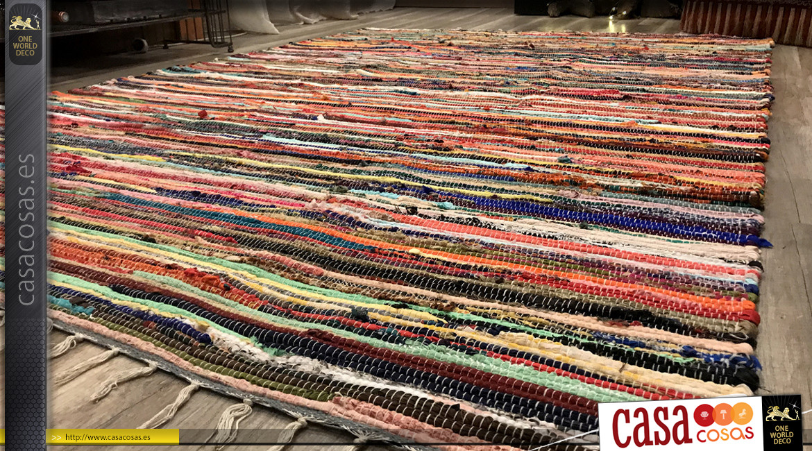 Alfombra chindi grande multicolor de algodón grueso, ambiente colorido y contemporáneo, 230x160 cm