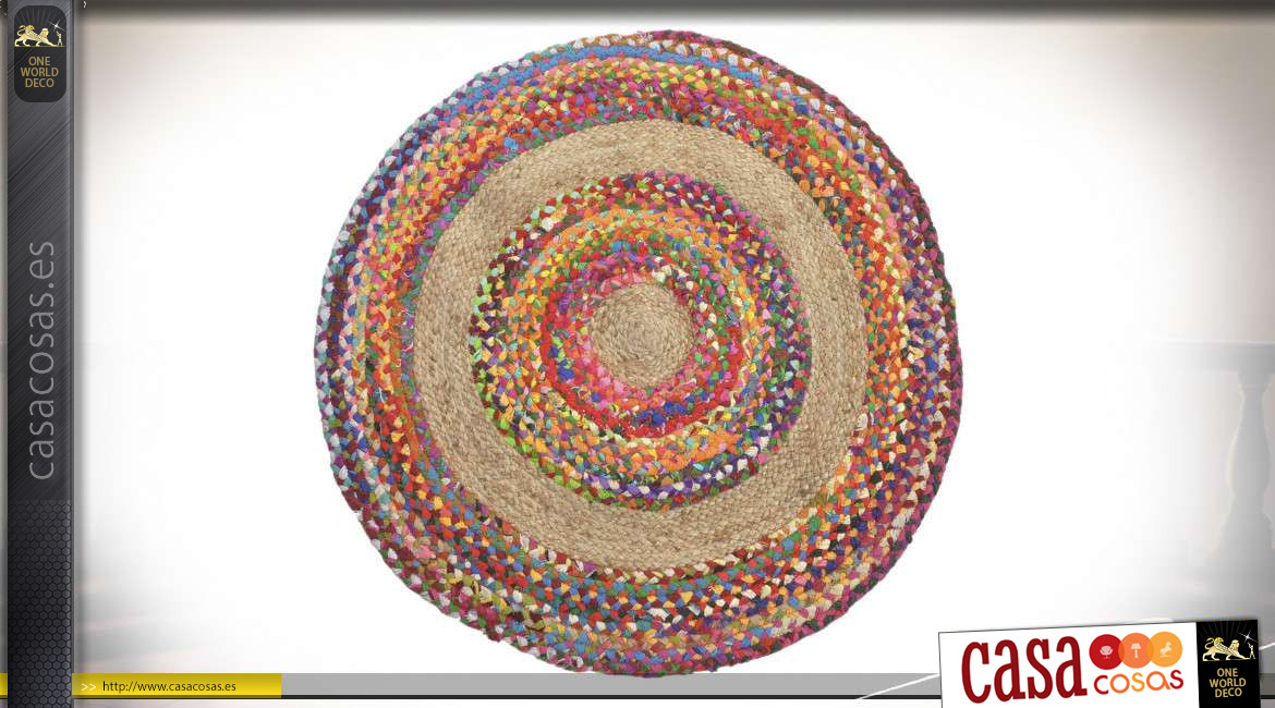 Alfombra redonda de yute y algodón, estilo alegre y colorido, Ø90cm