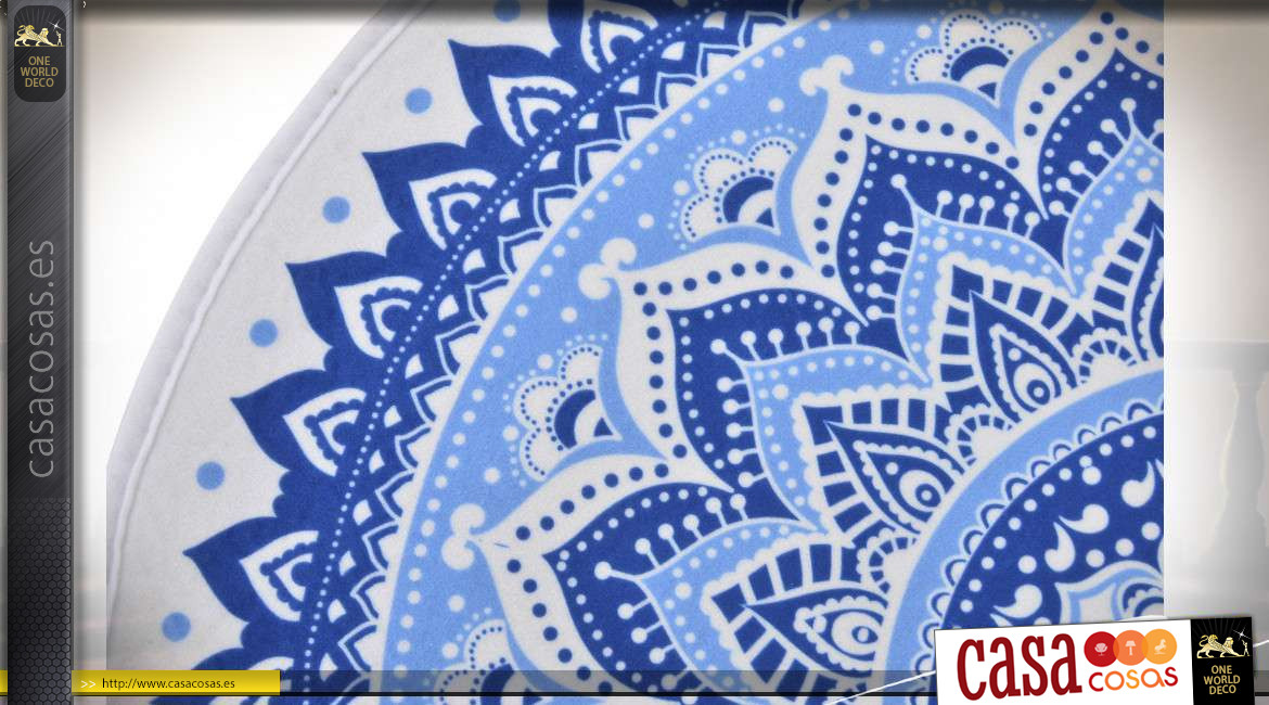 Serie de dos alfombras redondas de poliéster con motivos de mandalas azules sobre fondo blanco, ambiente de baño elegante y colorido, Ø60cm