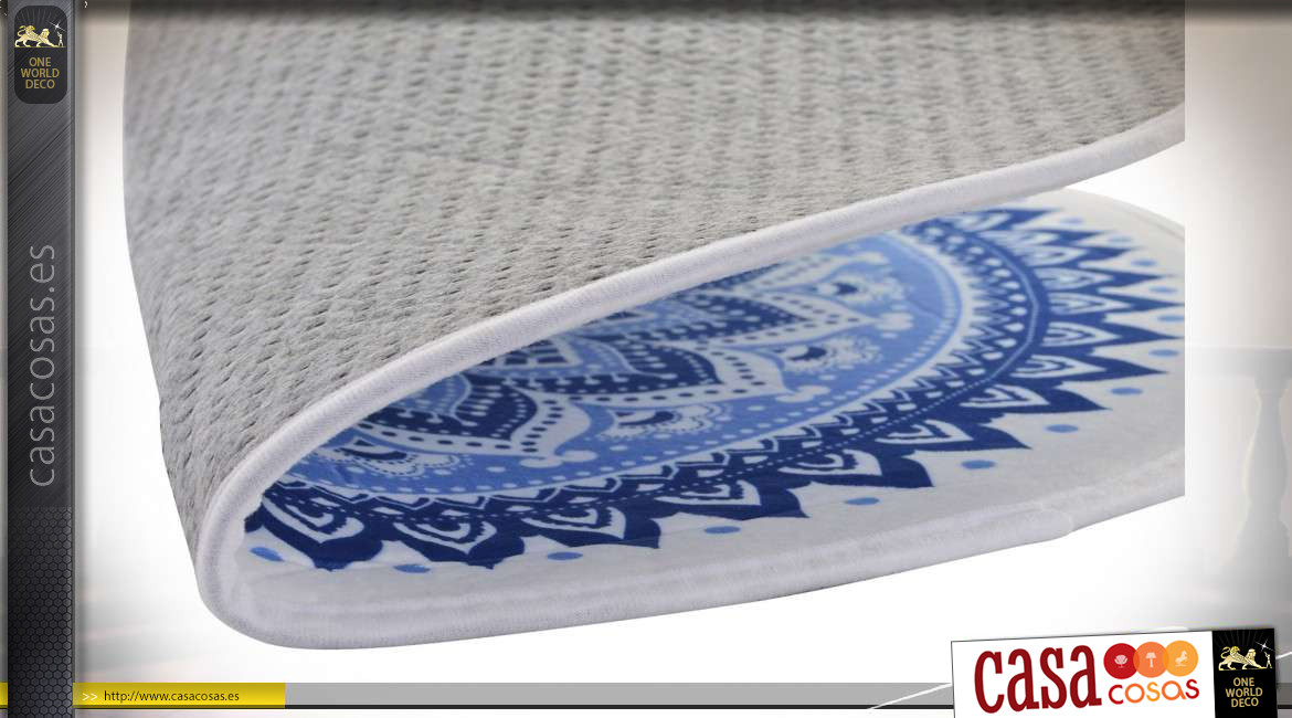 Serie de dos alfombras redondas de poliéster con motivos de mandalas azules sobre fondo blanco, ambiente de baño elegante y colorido, Ø60cm