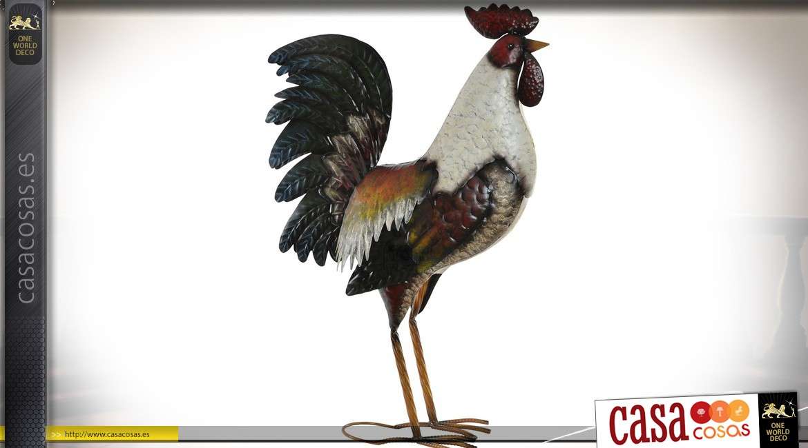 Gallo decorativo metal estilizado plumaje multicolor 74 cm