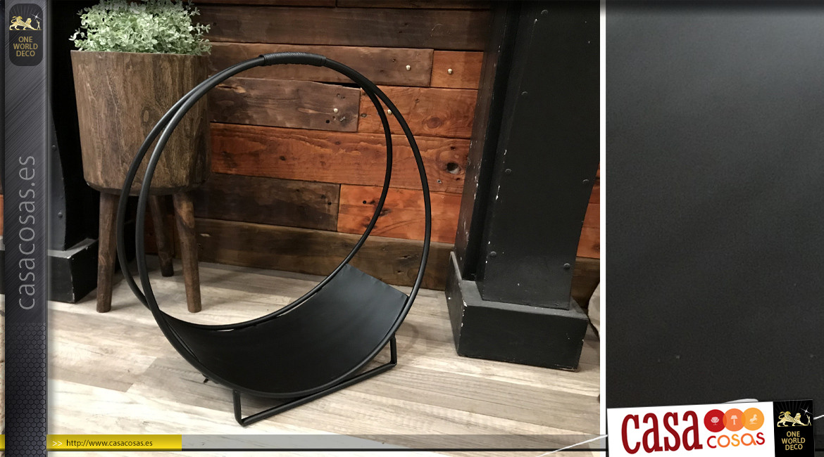 Porta leña de metal negro con forma circular, ambiente moderno y contemporáneo, Ø50cm