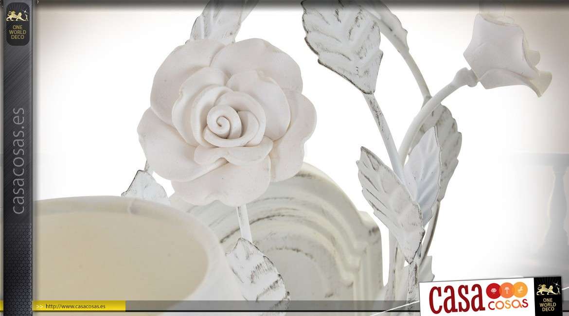 Aplique de pared con motivos florales de 2 brazos, pátina blanca y pantalla de 35 cm.