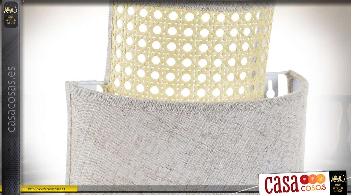 Aplique luminoso en ratán natural y lino blanco, estilo retro moderno con acabado claros, 34cm