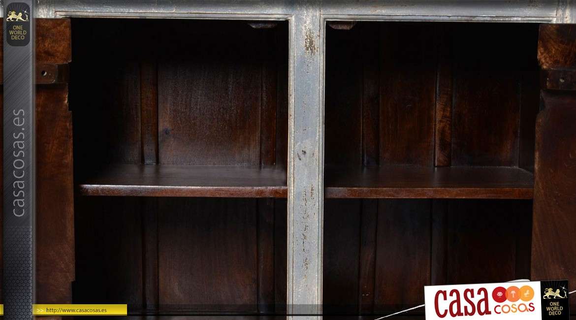 Aparador bajo con dos puertas en fachada de madera de mango con motivos en relieve de 90 cm.
