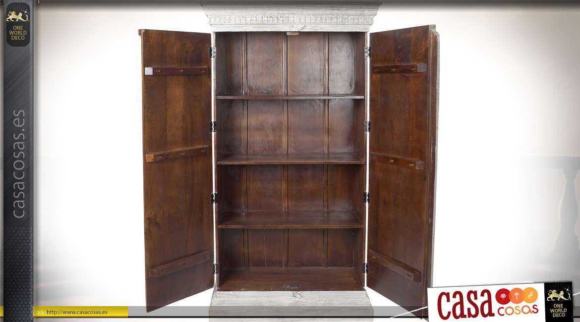 Gran armario con 2 puertas de madera de mango estilo indio pátina blanca envejecida 190 cm