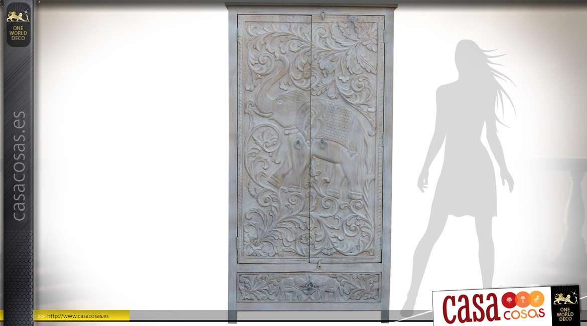 Armario con 2 puertas, motivo de elefante indio tallado blanco y gris 185 cm