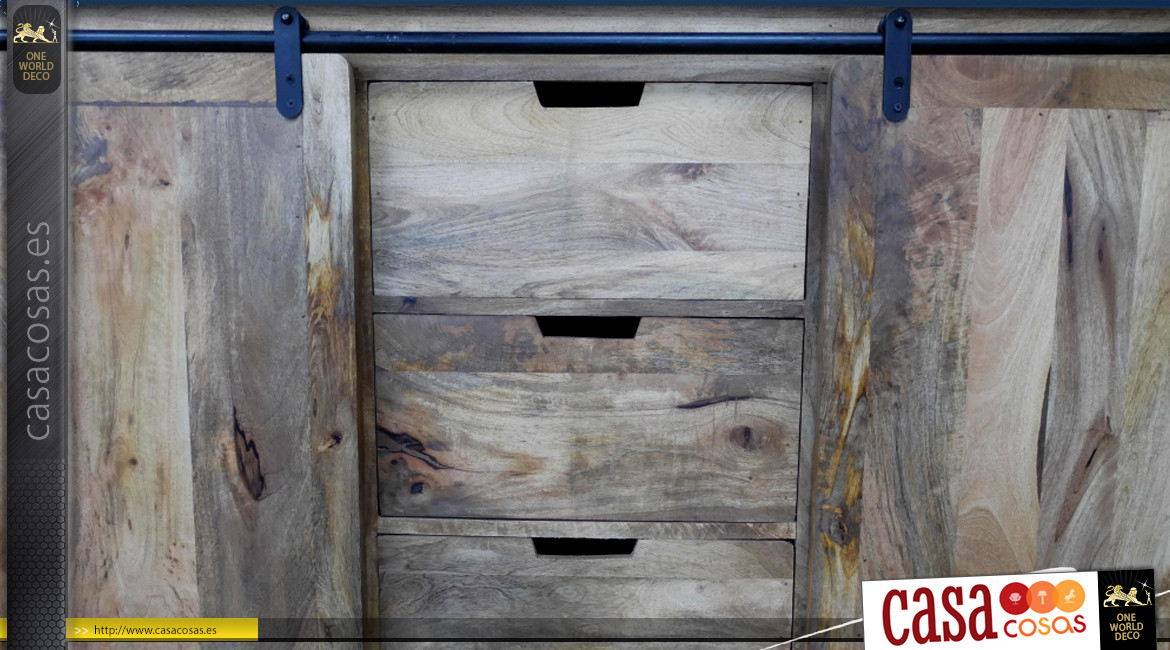 Aparador moderno con puertas correderas, en madera maciza de mango y estructura de acero, 150cm.
