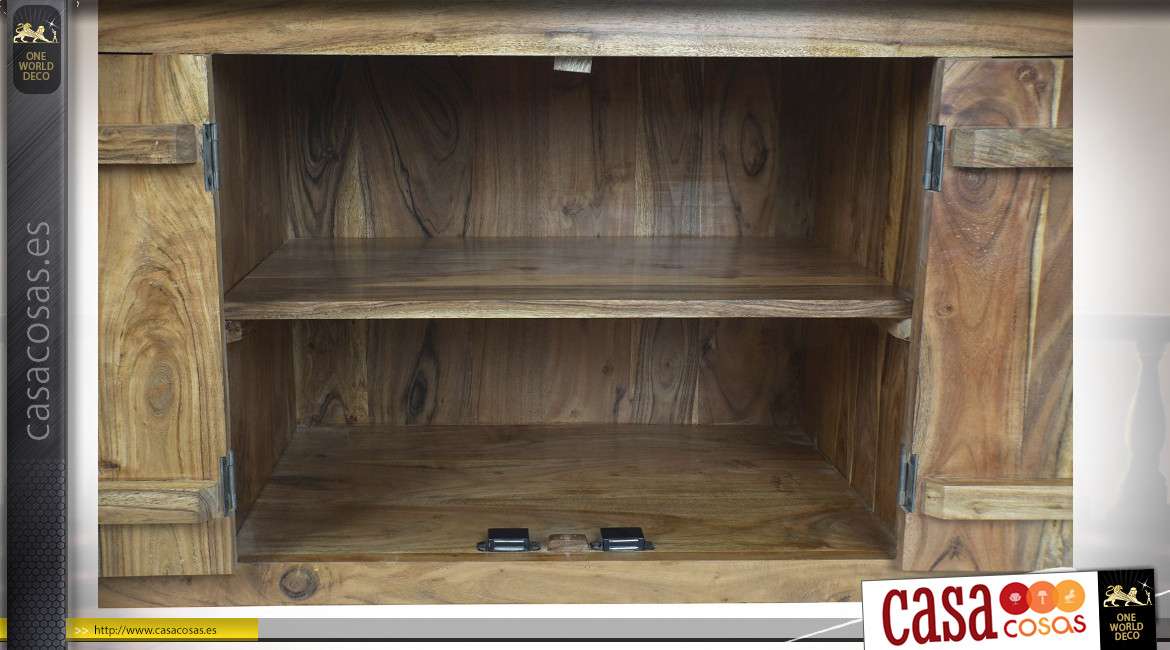 Mueble auxiliar en madera maciza de acacia, ricamente veteado y texturizado con un acabado natural, 2 puertas y 4 cajones, 110cm