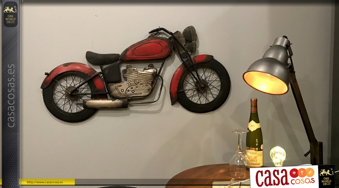 Fotomural motocicleta en acabado rojo antiguo, efecto envejecido, ambiente vintage, 98cm