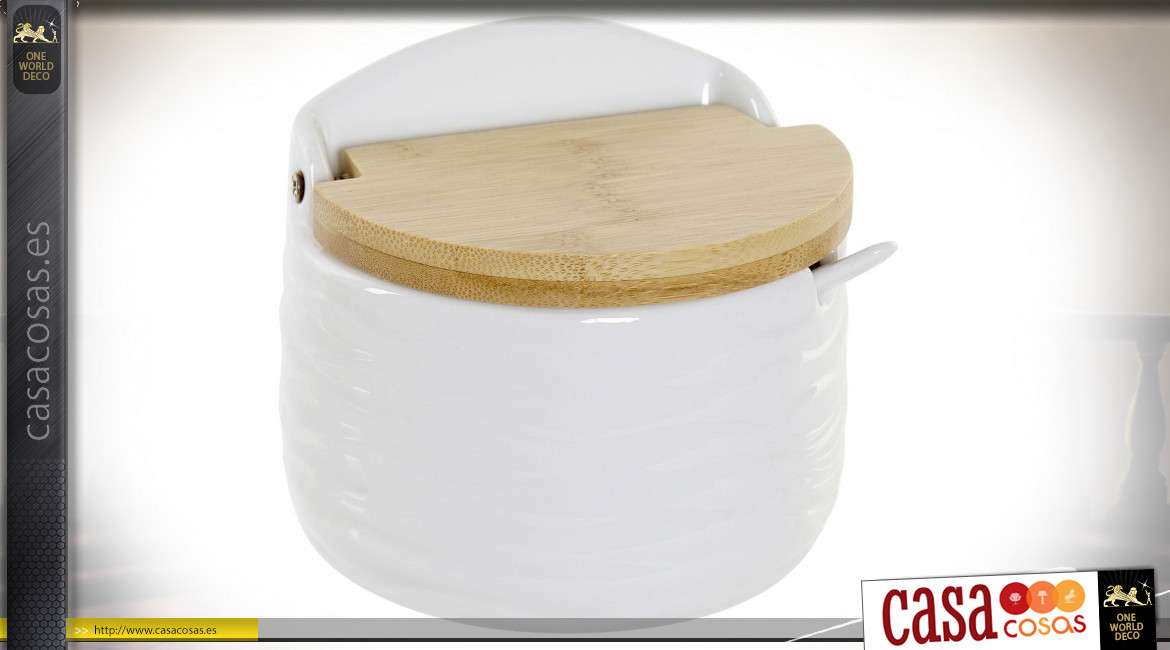 Azucarero de porcelana blanca con tapa de madera de bambú acabado natural, accesorio de cocina 10cm