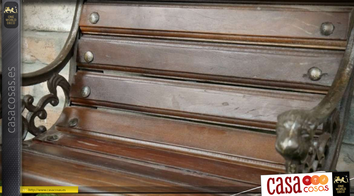 Banco corto de madera envejecida y metal estilo retro de hierro forjado antiguo