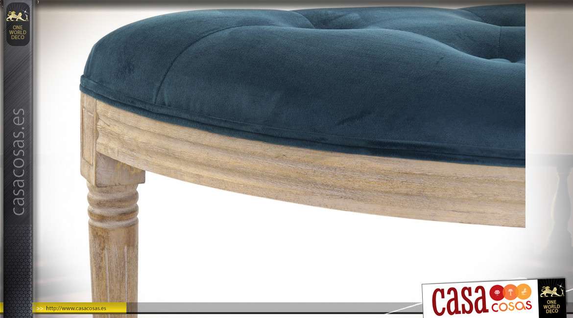 Extremo de cama en forma de media luna en madera blanqueada y terciopelo azul profundo, estilo clásico, 125cm