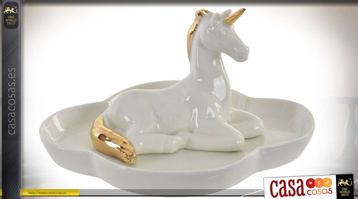 Bandeja de porcelana blanca y dorada: unicornio