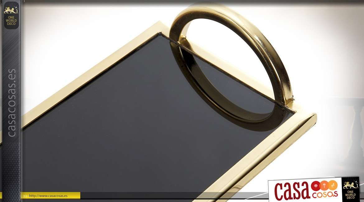 Bandeja de diseño rectangular de 40 cm de metal dorado y cristal negro