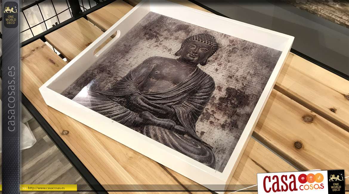 Bandeja de madera lacada en blanco con fondo de ilustraciones de Buda bajo vidrio 33 x 33 cm