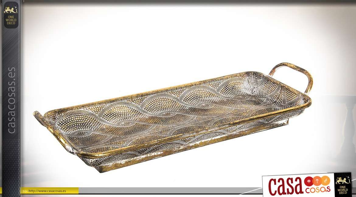 Bandeja de metal perforada larga envejecida acabado dorado de estilo oriental 51 cm