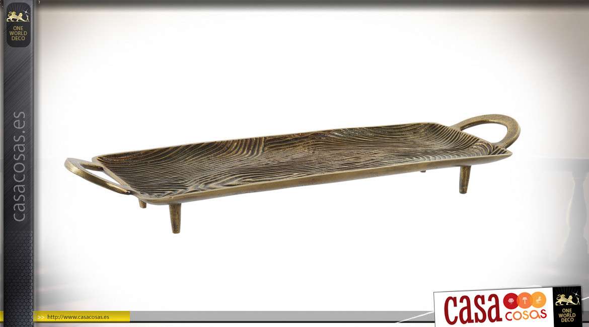 Bandeja decorativa - centro de mesa de aluminio con forma de tronco, ricamente veteado y texturizado, asas grandes, acabado dorado envejecido, 59 cm