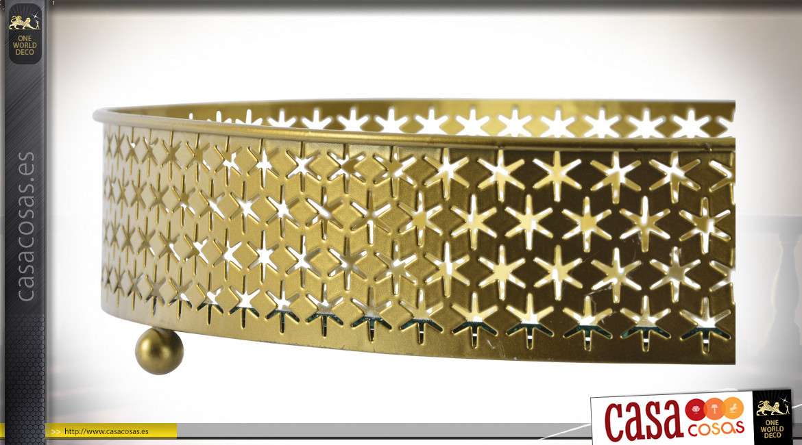 Bandeja decorativa con base de espejo, bordes efecto moucharabieh de metal dorado, Ø30cm