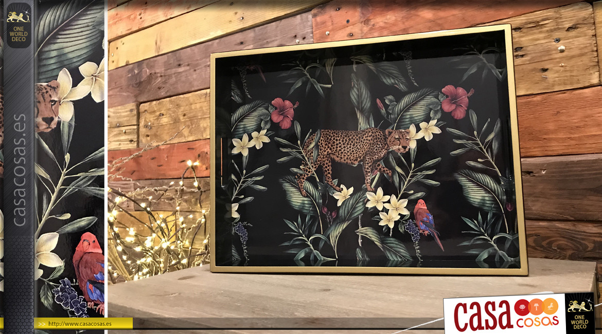 Bandeja decorativa en madera y cristal con estampado de leopardo en un entorno natural, acabado chic, 40cm