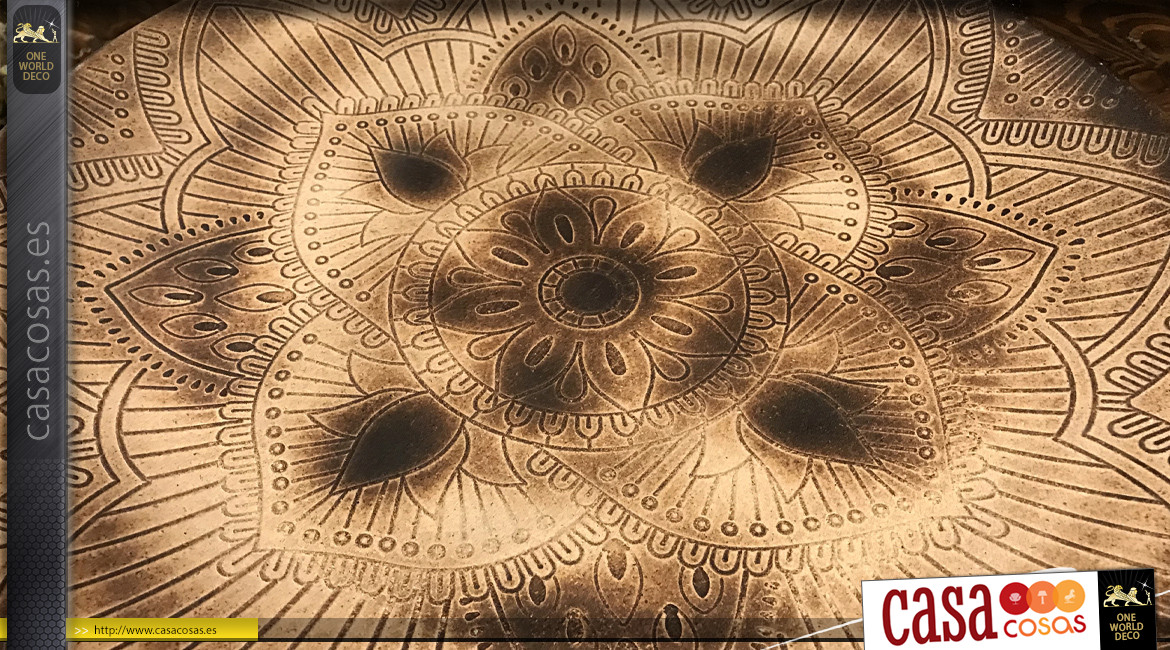 Bandeja decorativa grande de madera, motivos mandala tallados, acabado marrón tostado, Ø49cm