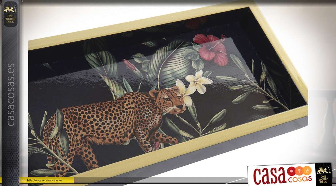 Bandeja decorativa pequeña de madera con estampados de leopardo en un entorno natural, 30cm