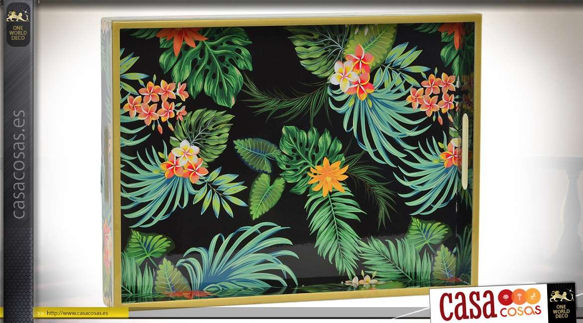 Bandeja para servir de madera de 40 x 30 cm con hojas y flores tropicales