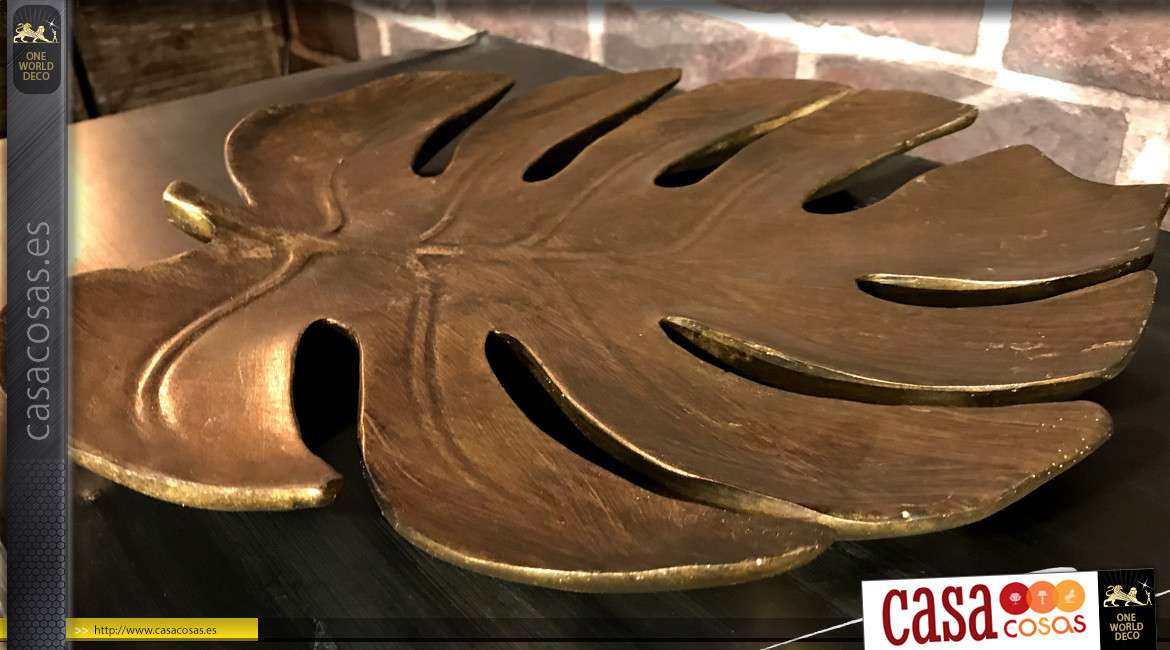 Centro de mesa de resina en forma de hoja de Monstera Deliciosa, acabado en bronce cepillado