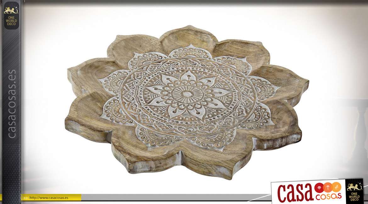 Gran centro de mesa de mango tallado, relieve y detalle importante, forma de flor en espíritu mandala blanqueado, 46cm