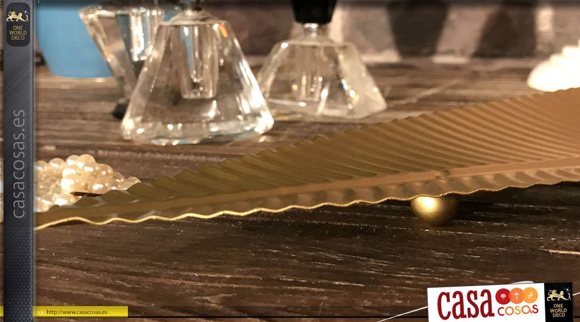 Vacio bolsillo / Centro de mesa en metal acabado dorado mate, forma de hoja 48cm de largo