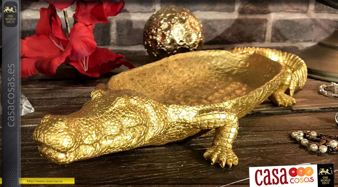 Vacio bolsillo / Centro de mesa en resina con acabado dorado brillante, forma de cocodrilo