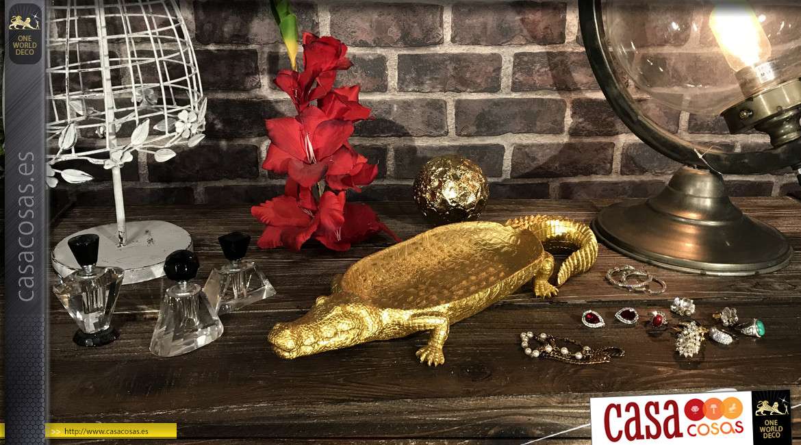 Vacio bolsillo / Centro de mesa en resina con acabado dorado brillante, forma de cocodrilo