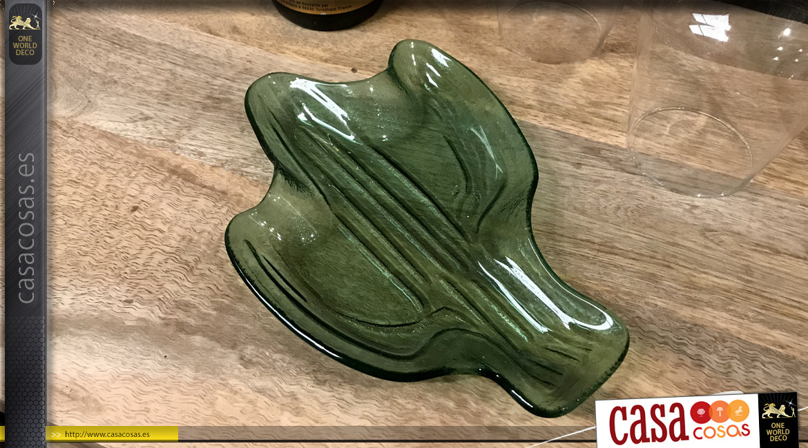 Vacio bolsillo en cristal tintado verde agua, con forma de cactus mexicano, 22cm