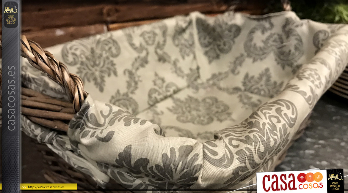 Cesta de mimbre gris claro con forro de tela de algodón, estampado de rosetas y formas arabescas, 40cm
