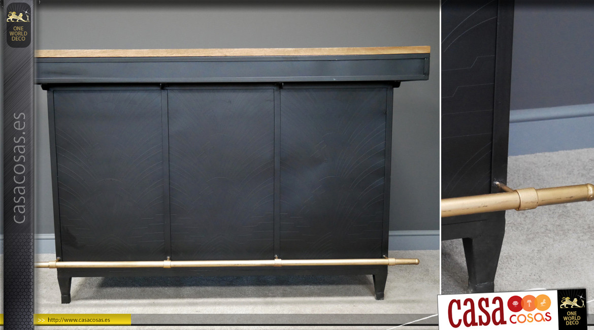 Mueble bar grande de metal acabado negro y tapa de madera maciza de mango, puerta y cajones de almacenamiento, 162 cm