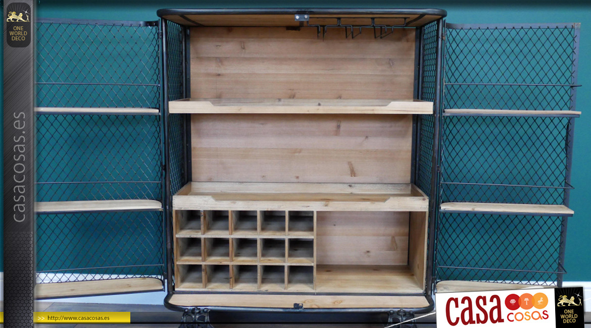 Mueble bar de madera de abeto y metal, ruedas de hierro fundido, 2 puertas de malla y compartimentos interiores, 117cm
