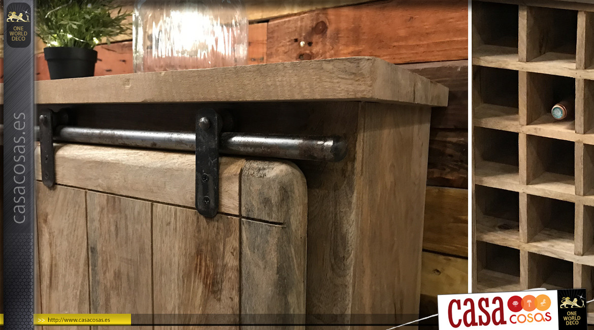 Mueble bar de madera maciza y metal rústico con puerta corredera 100 cm.