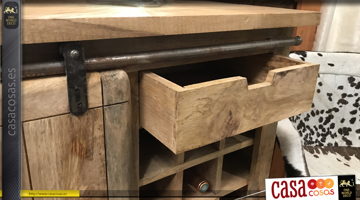 Mueble bar de madera maciza y metal rústico con puerta corredera 100 cm.