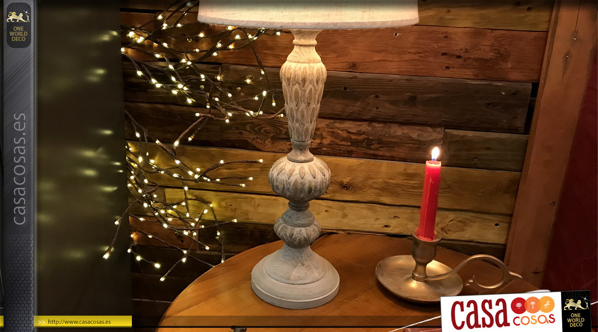 Pie de lámpara de resina efecto madera tallada, acabado ligeramente blanqueado, ambiente de casa antigua, 46cm