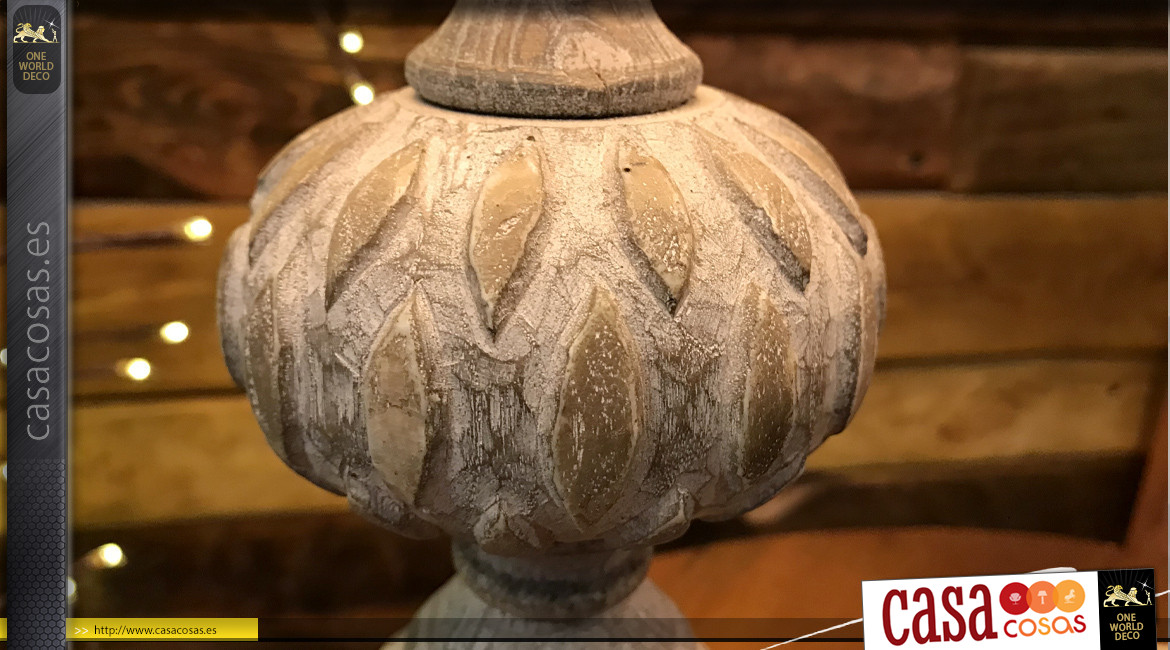 Pie de lámpara de resina efecto madera tallada, acabado ligeramente blanqueado, ambiente de casa antigua, 46cm